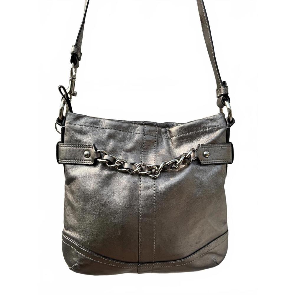 Women's Metallic Silver Crossbody Coach Bag w/ Chain Detail